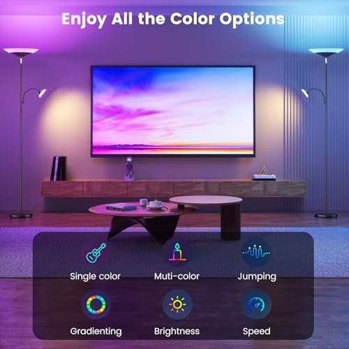 Image of SIBRILLE RGB Torchiere Floor Lamp - 2 Way Dimmable LED Standing Lamp with Remote&Button Control, 34W Rotatable Floor Reading Light, 72'' Tall Modern Corner Lamp for Living Room Bedroom Office, Black