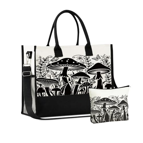 Bolso tote de lona InnoBeta con diseño de hongos para mujer, con cierre de cremallera superior y correa para el hombro, ideal para cumpleaños, Día de la Madre y Navidad - Negro miniatura 1