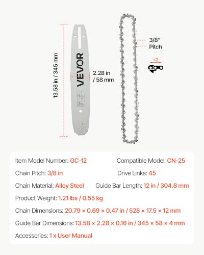 Image of VEVOR Bar & Chainsaw Chain Combo 12 inch 3 /8 inch Pitch 3 /8 inch Gauge 45 Drive Links