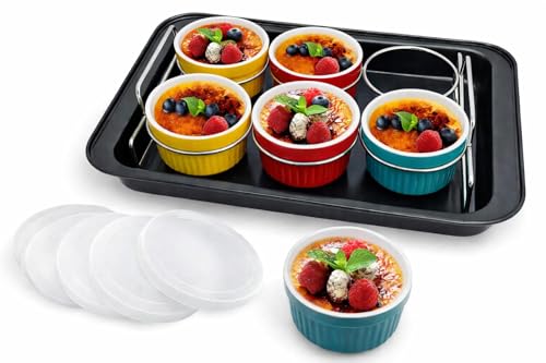 Ramekins set - Creme Brulee Making Kit - COLORED 6 Porcelain Ramekins 6 Oz With Silicone Lids - 304 Stainless Steel Lifting Rack And 9.5 X 14 Baking Pan - Oven Safe