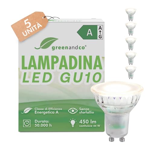 greenandco 5x GU10 | sostituisce 44W | bianco caldo 3000K | 2.5W 450lm | 36° | senza sfarfallio | classe di efficienza energetica A | lampadina LED 230V | non dimmerabile