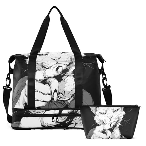 Cartoon Cute White Funny Cat Overnight Travel Duffel Bag Carry On Personal Item Bag with Adjustable Strap for Trip Multifunctional2