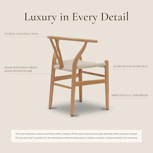 Image of POLY & BARK Weave Dining Chairs - Mid-Century Modern Wishbone Dining Chairs with Arms, Solid Wood Frame, Indoor Use - Natural - Set of 2 - Ideal for Dining Room, Kitchen or Stylish Accent Setting
