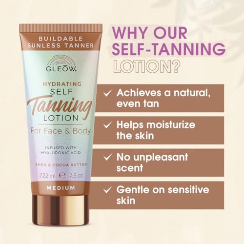 Image of GLEOW Self Tanner Medium, Self Tanning Lotion for Face & Body, Non Toxic Sunless Tanner, Gradual Tanning Lotion, Face Tanner with Hyaluronic Acid 7.5 oz