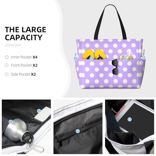 Large Beach Bags for Women Sandproof - Light purple polka dot print (G) Summer Travel Work Tote Bags with Zipper3