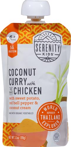 Image of Serenity Kids 6+ Months World Explorers Baby Food Pouches Puree Made With Ethically Sourced Meats & Organic Veggies | 3.5 Ounce BPA-Free Pouch | Chicken Coconut Curry | 1 Count (Pack of 4)