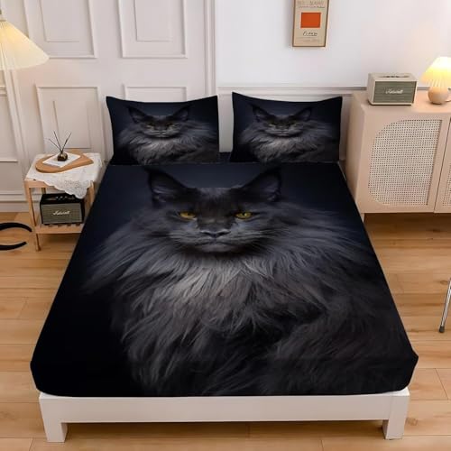 Sabanas 160x200 Gato Negro, 3D Maine Coon Sábana Bajera de Microfibre Suave y Cómoda Transpirable, Funda de Colchón Sábana con Elástica Bolsillo Profundo 30 cm, Sabanas Cama 160, R1945