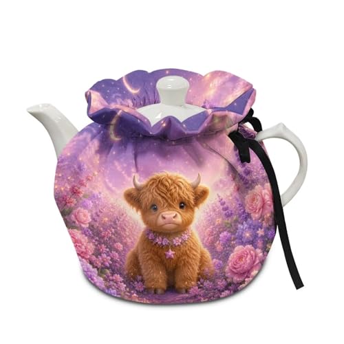 Image of Highland Cow Flower Print Tea Pots Cosy Kettle Dust Cover for Teapot Insulated Breakfast Pot Covers Kitchen Tea Cosy Tea Cozies with Drawstring Keep Breakfast Warm, Home Decor