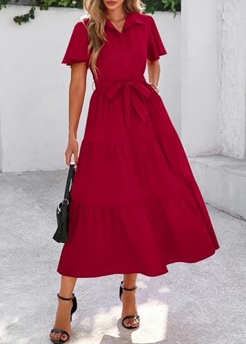 Image of KIRUNDO Summer Button Down Wedding Guest Shirt Dresses for Women Maxi Flutter Short Sleeve Flowy Tiered Beach Sun Dress