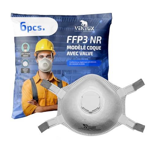 VENTUX SAFETY EQUIPMENT 6X FFP3 NR Masque de protection respiratoire en forme de coupe avec valve – Certifié CE 0370 selon EN 149:2001 +A1:2009 – Usage professionnel industrie et santé