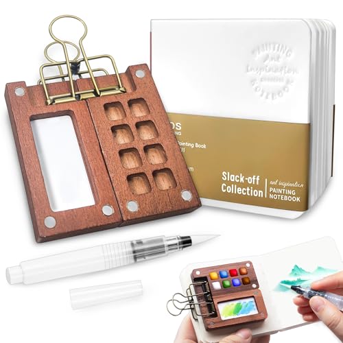 Mini Aquarell Set – Tragbare Reise-Palette mit 8 Fächern – Pocketartist Skizzenbuch-Set mit Aquarellpapier, Pinseln, Binder-Clips – Kompaktes Wasserfarben Set für unterwegs