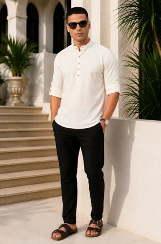 Image of Majestic Man Men's Pure Cotton Solid Mandarin Collar Slim Fit Roll-Up Sleeves Short Kurta Lightweight Summer Kurta for Daily & Occasion Use