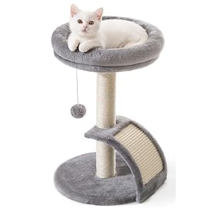 Goozii Small Cat Tree Tower with Scratching Post, Modern Kitten Tower for Indoor Cats, Short Carpet Sisal Cat Scratcher Stand with Large Bed Perch, Scratch Ramp, Toy Ball for Kitty Play (Grey)