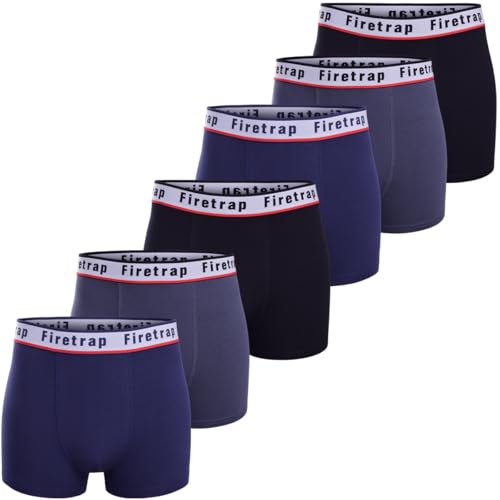 Image of Firetrap Mens Boxer Trunks 6 Pack Stretch Cotton Underwear Breathable Comfort Fit Plain Colours Elastic Waistband Durable Everyday Wear Underpants Gift Set for Gym Work Black, Grey, Blue L