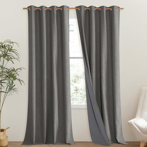 NICETOWN Grizzle Gray Vintage Linen 100% Blackout Curtains for Living Room, Thermal Insulated Curtains 95" Long, Noise Reducing Window Treatment Drapes for Bedroom, 52" Wide Per Panel, Set of 2 - image 2