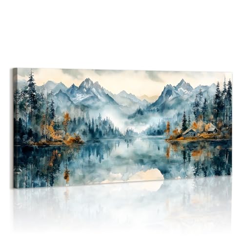 WENGTIAO Aquarelle Montagne Lac Tableau Decoration Murale Encadré Grande Toile Peinture Paysage Nature Forêt Arbre Brumeux Montagne Decoration Murale Salon...