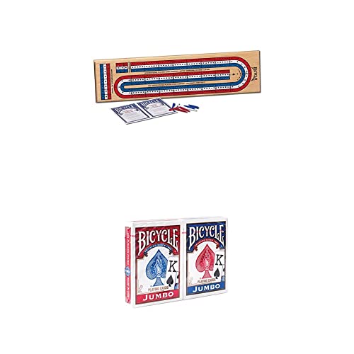 Bicycle Cribbage Game Bundle: 3-Track Color Coded Wooden Cribbage Board, 2 Bicycle Jumbo Index Playing Card Decks, and 9 Color Coded Pegs