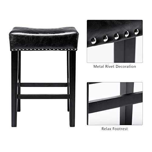 Hommoo 26 Inch Counter Height Bar Stools Set Of 2 Backless Leather Saddle Barstools With Solid Wood Legs Kitchen Stools For Island Black #TOP4