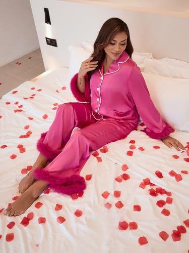 Luxury Satin Elegant Comfortable Soft Pajama Set with Faux Fur Trim Button-Front Top with Pockets3