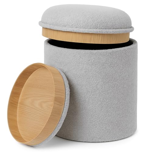 RIOGOM®️ Reposapies Salon - Puff Almacenaje con Mesa de Madera Reversible Tela Suave, Baul Almacenaje, Reposapies Sofa, Taburete almacenaje, Banco almacenaje, Banco almacenaje Asiento, Ø34x38 (Gris)