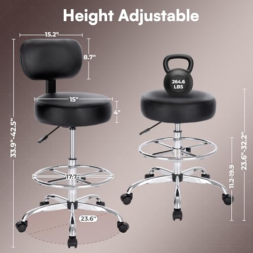 SUPERJARE Drafting Chair with Back, Adjustable Foot Rest Rolling Stool, Multi-Purpose Office Desk Chair, Thick Seat Cushion for Home Bar Kitchen Shop - Black 7205B