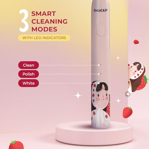 Image of beatXP Jiggle Sonic Electric Toothbrush for Kids with 2 Brush Heads & 3 Cleaning Modes | Rechargeable Electric Toothbrush | 20500 strokes /min with Long Battery Life (Rosy Pink)