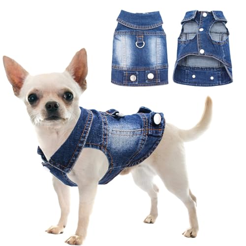 Dog Jean Jacket for Small & Medium Dogs - Stylish Denim Hoodie Vest for Boys, Summer Pet Costume, Comfortable Outdoor Walk Harness, Perfect for Cats & Puppies(Large,Blue)