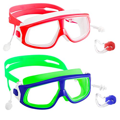 Spinosaurus Kids Swim Goggles Swimming Goggles Pack of 2(Age 3-15 Years), Anti-Fog,UV Protection, No Leaking, Clear Lens,with nose clip and earplugs, HD Swim Goggles for Kids (greenblue rosewhite)