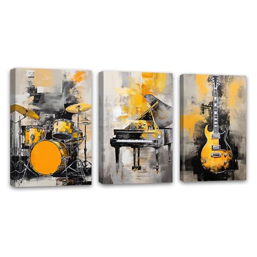ZQQART Lienzo decorativo para pared, 3 piezas, piano, guitarra, batería, pintura abstracta de instrumentos musicales, obra de arte para sala de música, marco (12 x 16 x 3 piezas)