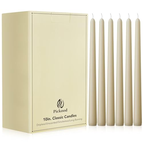Pickood 10-Inch Tall Unscented Dripless Taper Candles Bulk 30 Pack - Ivory Taper Candles Bulk, Perfect for Wedding, Dinner - Smokeless, 6-8 Hour Long Burning - Colored Candlesticks Bulk - Ivory