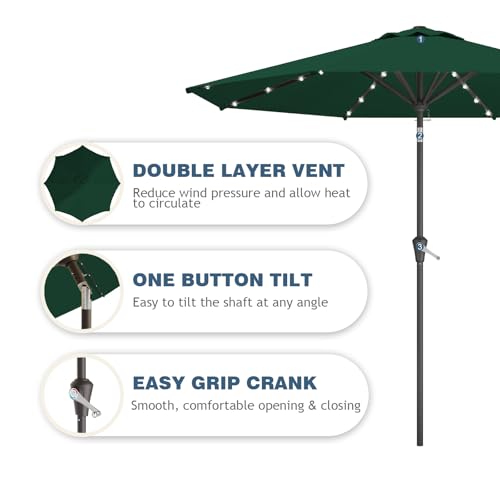 Image of 9FT Patio Umbrella with Solar Lights,Outdoor Market Umbrella with Tilt and Crank, LED Lighted Table Umbrella for Garden,Deck,Backyard,Pool,Beach (Dark Green)