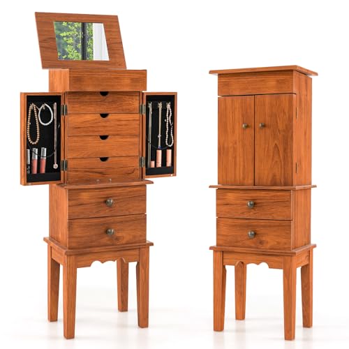 CHARMAID Jewelry Cabinet with 6 Drawers, Standing Jewelry Armoire with Flip Top Mirror, 2 Side Doors with 6 Necklace Hooks, Top Storage Compartments, Wood Jewelry Organizer Chest, Orange