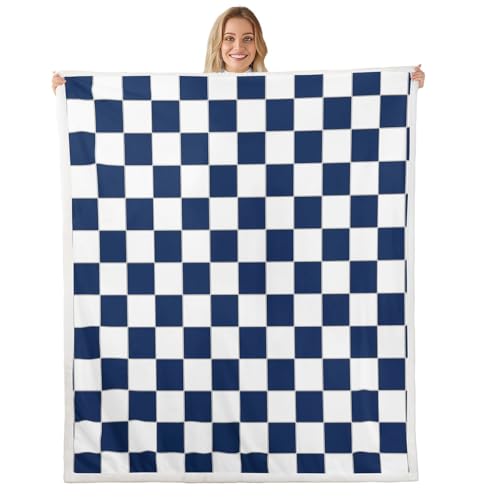 Image of Erosebridal White Blue Plaid Throw Blanket Throw 50 inchX60 inch Navy Blue Checkerboard Fleece Bed Blanket for Kids Boys Teen,Checkered Grid Sherpa Blanket Modern Aesthetic Geometric Fuzzy Blanket
