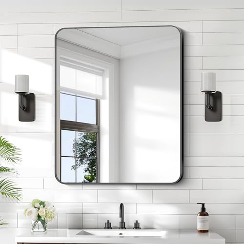 Image of KOCUUY 30x36 Inch Rectangle Bathroom Mirror with Black Metal Frame,Modern Design of Wall Mounted Upgraded Shatterproof Glass, Rounded Corners for Bedroom, Living Room, Entryway