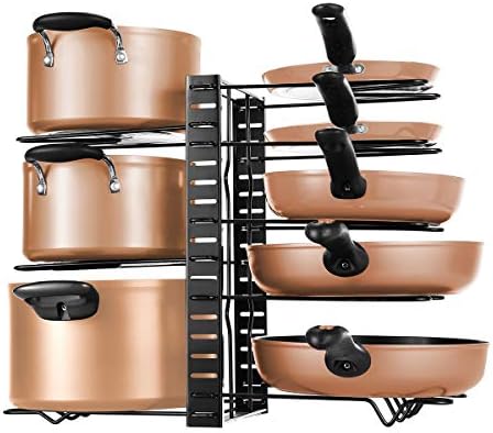 Pot Rack Organizers, 8 Tiers Pots and Pans Organizer, Adjustable Pot Lid Holders & Pan Rack for Kitchen Counter and Cabinet, Lid Organizer for Pots and Pans With 3 DIY Methods(Black)