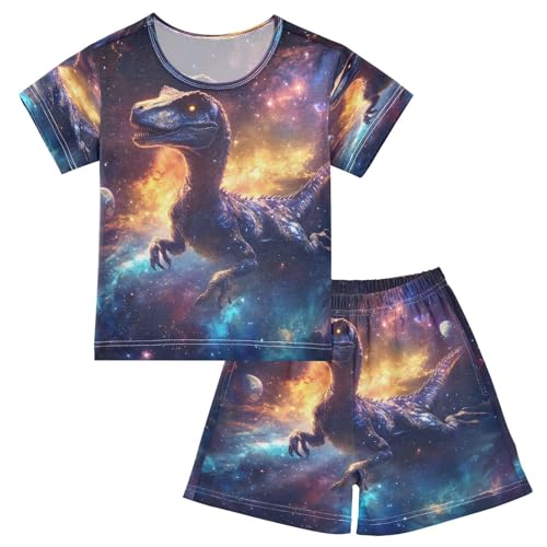 ALAZA Dinosaur Space Galaxy Starry Sky Pajamas Set Short Sleeve Cotton Sleepwear Summer Pjs 2 Piece 5-14Y