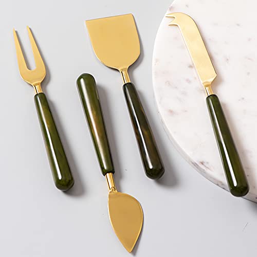 Image of nestroots Cheese Knives Set of 4 Pieces |Cheese,Pizza Cutting & Serving Set with Knife | Heart Knife, Chisel Knife, Serving Fork, Soft Cheese Knife | Stainless Steel with Resin Handles (Gold & Green)