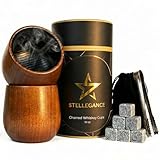 10oz Charred Wooden Bourbon Drinking Glass Set of 2 - Artisan Wooden Whiskey Tumbler Gift Set with Whiskey Stones, Tongs - Unique Bourbon Gifts for Men, Dad, Husband - Charred Wooden Whiskey Glass Cup