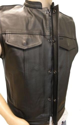 Men's Sleeveless Leather Biker Vest – Club Style Motorcycle Vest with 4 Pockets & Single Back Panel2