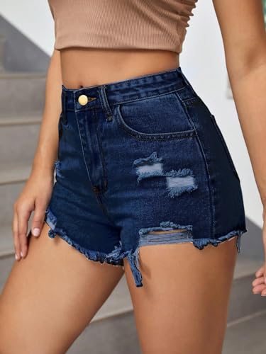 Image of Aahwan Blue Solid High Waist Ripped Raw Trim Denim Shorts Casual Summer Shorts for Women's & Girls