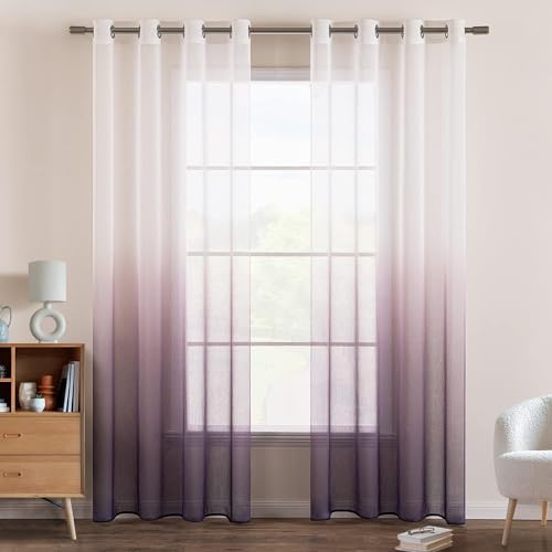 EMEMA Zasłony z przelotkami z poliestru, zmieniony kolor, półprzezroczysty, do salonu, sypialni, biura, zestaw 2 sztuk, 140 x 225 cm, fioletowe
