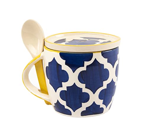 Image of HS HINDUSTANI SAUDAGAR Blue Umrao Cup & Coaster Set of 1 (330 ML Each) Microwave Safe Coffee Mugs Ceramic Milk Mug Ceramic Tea Mug Set Handmade Cup Best for Gift.