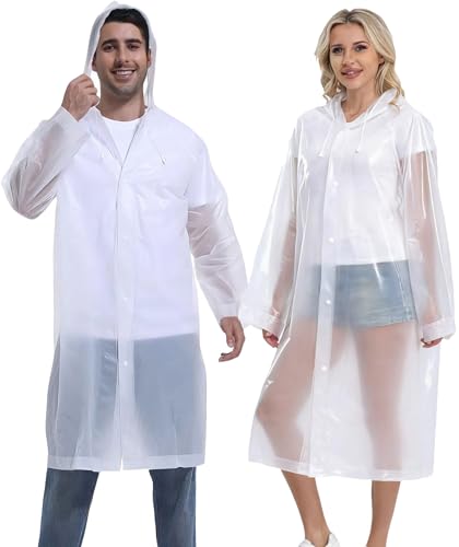 Borogo Rain Ponchos for Adults Reusable 2Pcs Raincoats Emergency Survival With Hoods And Sleeves for Women Men White