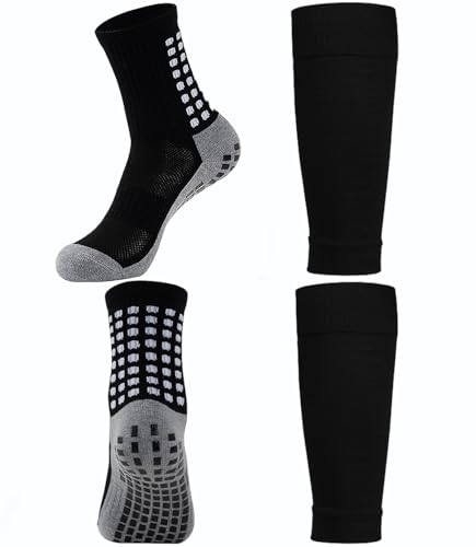 KMOLY 1 Set Kids Grip Soccer Socks and Shin Guard Sleeves for Age 7-14 Youth Boys Children Football Basketball Training