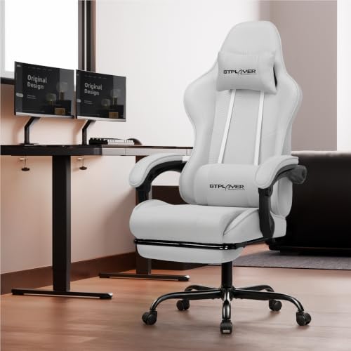 Image of GTPLAYER Gaming Chair, Computer Chair with Footrest and Lumbar Support, Height Adjustable Game Chair with 360-Swivel Seat and Headrest and for Office or Gaming (All Light Gray-Fabric)