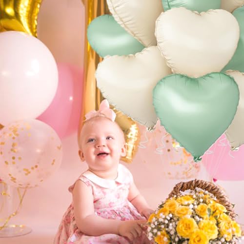 Image of Baby White Heart Balloons,18 Inch Light Green Helium Foil Love Heart Shaped Balloons for Anniversary Wedding Engagement Birthday Party Baby Shower Valentines Decorations(12Pcs)