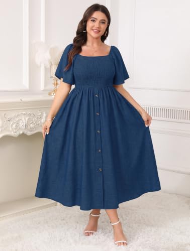 Image of Plus Size Casual Maxi Boho Dress for Curvy Women Short Sleeve Square Neck Smocked Summer Beach Dresses Button Down