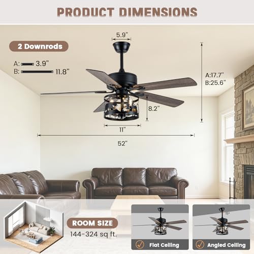 52" Farmhouse Ceiling Fan with Light and Remote, Rustic Caged Fandelier by TOPASSTX - Used condition - Image 5