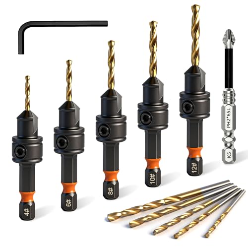 Woodworking Countersink Drill Bits Set 12 PCS Counter Sink Drill Bits Fitted With a Phillips Screwdriver Bit For #4#6#8#10#12 Screws for Drilling Holes in Wood Composite Panels and Plastics