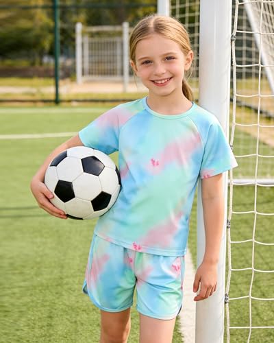 Image of DISAUR Girls Summer Outfits 2 Piece Matching Sets Tie Dye T Shirt and Shorts Set with Pockets for Girls 4-10 Years